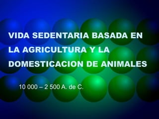 VIDA SEDENTARIA BASADA EN
LA AGRICULTURA Y LA
DOMESTICACION DE ANIMALES

 10 000 – 2 500 A. de C.
 