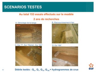 11
A: Déroctage de la berge
Au total 153 essais effectués sur le modèle
2 ans de recherches
2
B: Raccourcissement d’épi
C: Epi “T”, Epi “Flèche”, Epi “Ilôt” D: Epi “Ilôt”
SCENARIOS TESTES
Débits testés : Qm, Q1, Q10, Q100 + hydrogrammes de crue
 