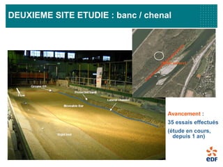 DEUXIEME SITE ETUDIE : banc / chenal
•Seuil naturel
Avancement :
35 essais effectués
(étude en cours,
depuis 1 an)
 