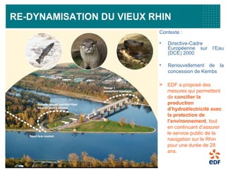 5
RE-DYNAMISATION DU VIEUX RHIN
Contexte :
• Directive-Cadre
Européenne sur l’Eau
(DCE) 2000
• Renouvellement de la
concession de Kembs
 EDF a proposé des
mesures qui permettent
de concilier la
production
d’hydroélectricité avec
la protection de
l’environnement, tout
en continuant d’assurer
le service public de la
navigation sur le Rhin
pour une durée de 28
ans.
 