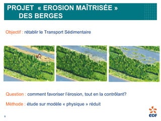 6
PROJET « EROSION MAÎTRISÉE »
DES BERGES
Objectif : rétablir le Transport Sédimentaire
Question : comment favoriser l’érosion, tout en la contrôlant?
Méthode : étude sur modèle « physique » réduit
 