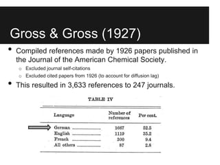 Gross & Gross (1927)
• Compiled references made by 1926 papers published in
the Journal of the American Chemical Society.
...