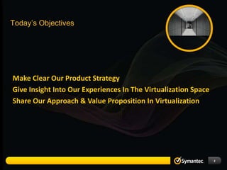 Today’s Objectives




Make Clear Our Product Strategy
Give Insight Into Our Experiences In The Virtualization Space
Share Our Approach & Value Proposition In Virtualization




                                                                2
 