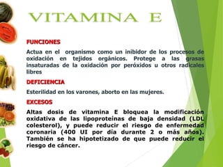 FUNCIONES
Actua en el organismo como un inibidor de los procesos de
oxidación en tejidos orgánicos. Protege a las grasas
insaturadas de la oxidación por peróxidos u otros radicales
libres
DEFICIENCIA
Esterilidad en los varones, aborto en las mujeres.
EXCESOS
Altas dosis de vitamina E bloquea la modificación
oxidativa de las lipoproteínas de baja densidad (LDL
colesterol), y puede reducir el riesgo de enfermedad
coronaria (400 UI por día durante 2 o más años).
También se ha hipotetizado de que puede reducir el
riesgo de cáncer.
 