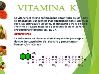 La vitamina K es una naftoquinona encontrada en las hojas
de las plantas. Sus fuentes más abundantes son el aceite de
soya, las espinacas y las coles. Es necesaria para la síntesis
orgánica de cuatro factores de coagulación de la sangre:
protrombina y factores VII, IX y X.
DEFICIENCIA
La deficiencia de vitamina K en el organismo prolonga el
tiempo de coagulación de la sangre y puede causar
hemorragias internas.
 