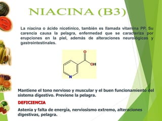 Mantiene el tono nervioso y muscular y el buen funcionamiento del
sistema digestivo. Previene la pelagra.
DEFICIENCIA
Astenia y falta de energía, nerviosismo extremo, alteraciones
digestivas, pelagra.
La niacina o ácido nicotínico, también es llamada vitamina PP. Su
carencia causa la pelagra, enfermedad que se caracteriza por
erupciones en la piel, además de alteraciones neurológicas y
gastrointestinales.
 