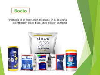 Participa en la contracción muscular, en el equilibrio
electrolítico y ácido-base, en la presión osmótica.
 