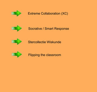Extreme Collaboration (XC)
Socrative / Smart Response
Stercollectie Wiskunde
Flipping the classroom
 