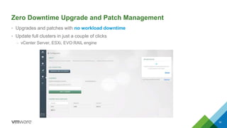 Zero Downtime Upgrade and Patch Management 
• Upgrades and patches with no workload downtime 
• Update full clusters in just a couple of clicks 
– vCenter Server, ESXi, EVO:RAIL engine 
32 
 