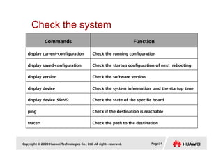 Check the system
Commands Function
display current-configuration Check the running configuration
display saved-configuration Check the startup configuration of next rebooting
display version Check the software version
Copyright © 2009 Huawei Technologies Co., Ltd. All rights reserved. Page34
display version Check the software version
display device Check the system information and the startup time
display device SlotID Check the state of the specific board
ping Check if the destination is reachable
tracert Check the path to the destination
 