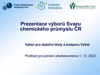 1
Prezentace výborů Svazu
chemického průmyslu ČR
Podklad pro jednání představenstva 1. 12. 2022
Výbor pro dotační tituly a podporu VaVaI
 