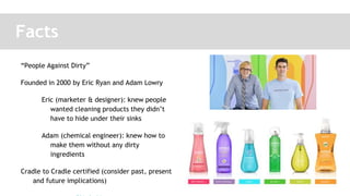 Facts
“People Against Dirty”
Founded in 2000 by Eric Ryan and Adam Lowry
Eric (marketer & designer): knew people
wanted cleaning products they didn’t
have to hide under their sinks
Adam (chemical engineer): knew how to
make them without any dirty
ingredients
Cradle to Cradle certified (consider past, present
and future implications)
 