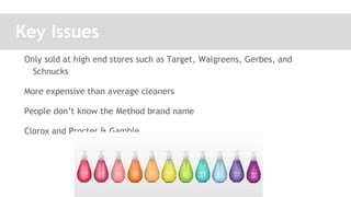 Key Issues
Only sold at high end stores such as Target, Walgreens, Gerbes, and
Schnucks
More expensive than average cleaners
People don’t know the Method brand name
Clorox and Procter & Gamble
 