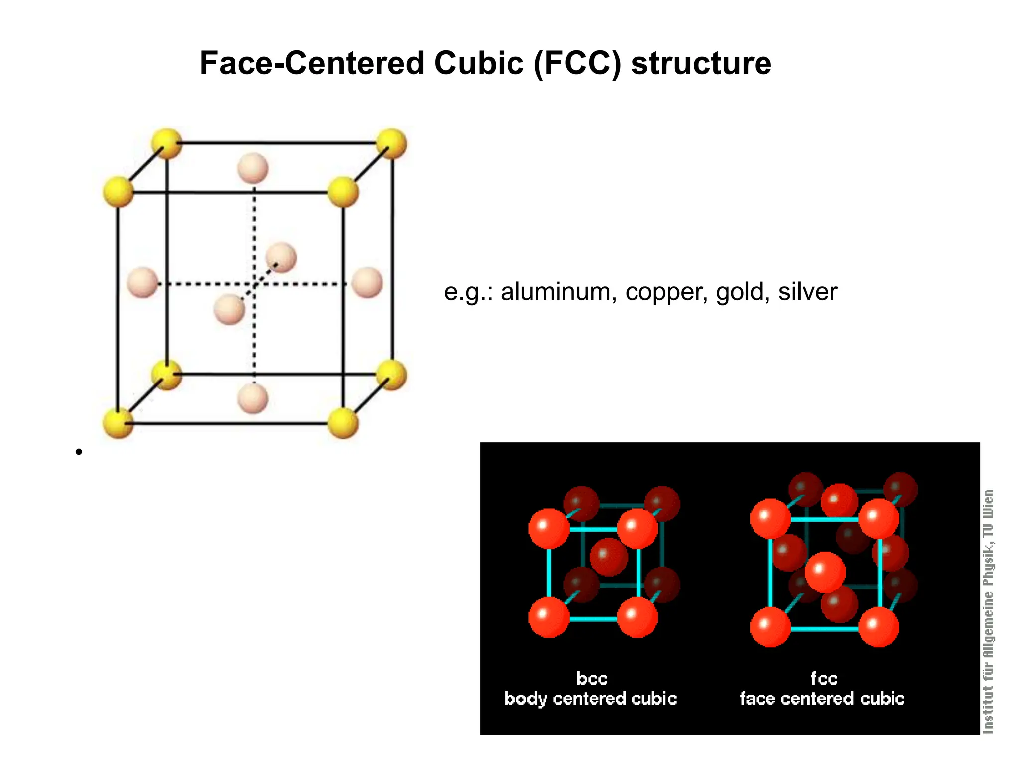 Face-Centered Cubic (FCC) structure
•
e.g.: aluminum, copper, gold, silver
 
