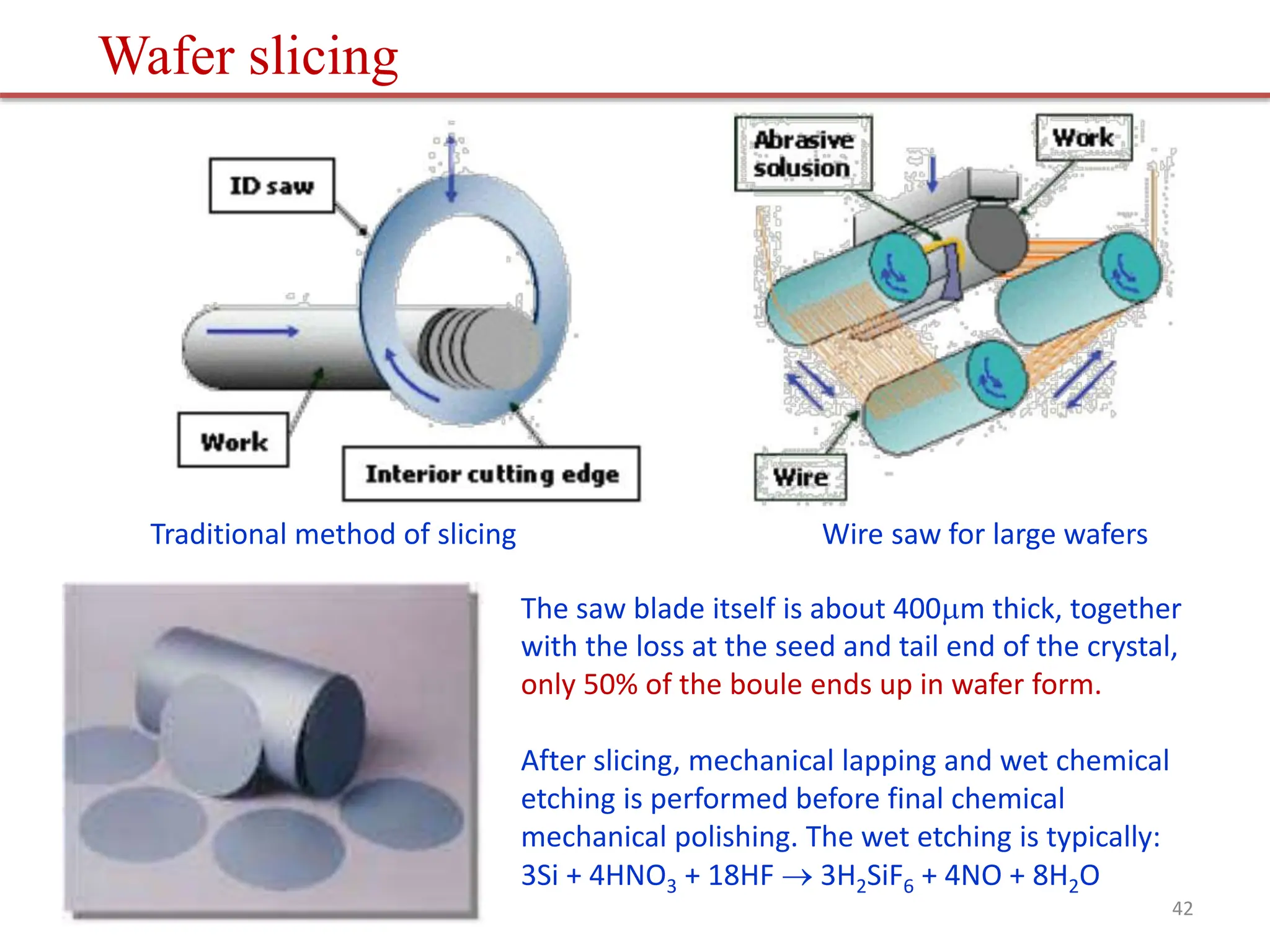 Traditional method of slicing Wire saw for large wafers
Wafer slicing
The saw blade itself is about 400m thick, together
with the loss at the seed and tail end of the crystal,
only 50% of the boule ends up in wafer form.
After slicing, mechanical lapping and wet chemical
etching is performed before final chemical
mechanical polishing. The wet etching is typically:
3Si + 4HNO3 + 18HF  3H2SiF6 + 4NO + 8H2O
42
 