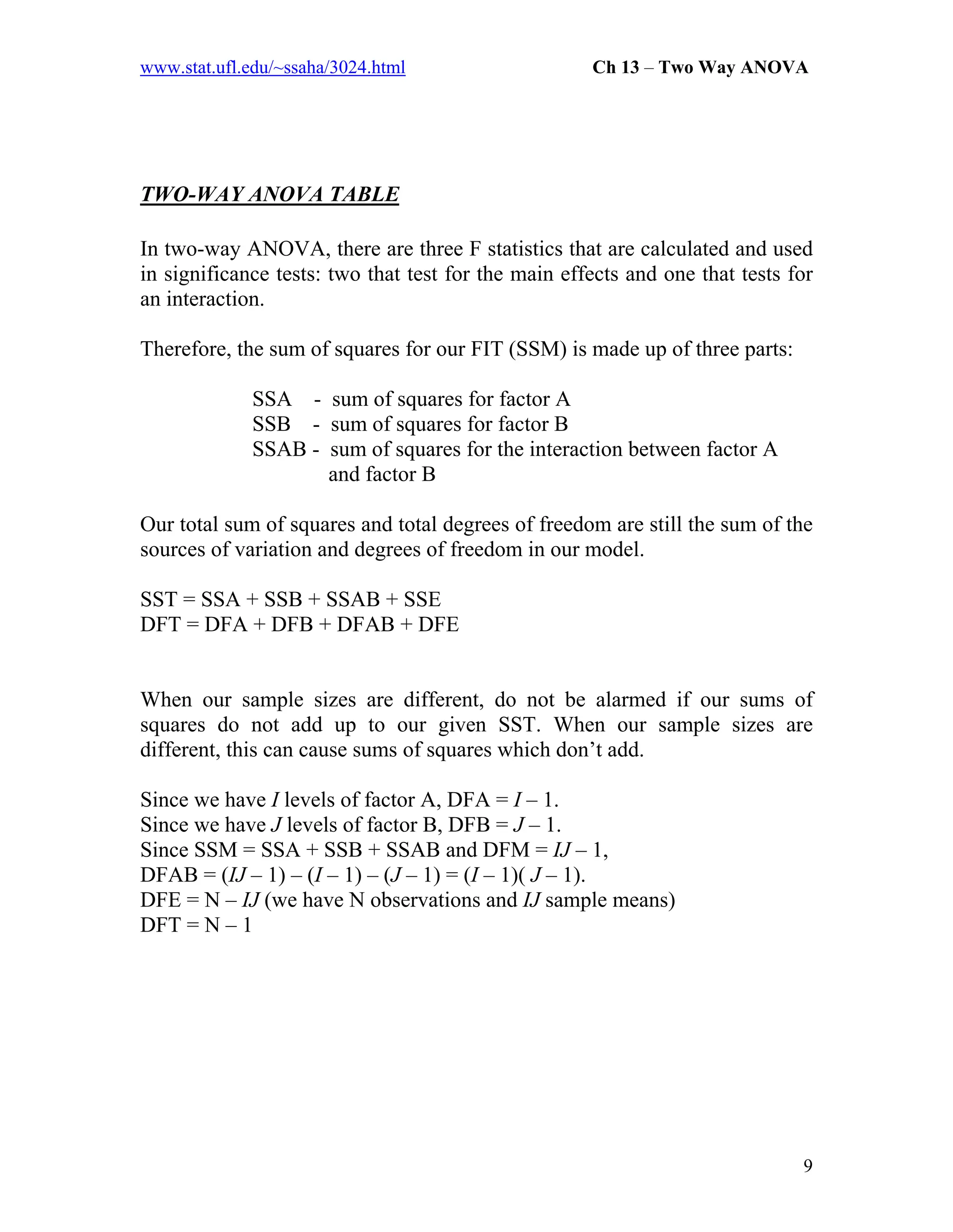 www.stat.ufl.edu/~ssaha/3024.html Ch 13 – Two Way ANOVA
TWO-WAY ANOVA TABLE
In two-way ANOVA, there are three F statistics that are calculated and used
in significance tests: two that test for the main effects and one that tests for
an interaction.
Therefore, the sum of squares for our FIT (SSM) is made up of three parts:
SSA - sum of squares for factor A
SSB - sum of squares for factor B
SSAB - sum of squares for the interaction between factor A
and factor B
Our total sum of squares and total degrees of freedom are still the sum of the
sources of variation and degrees of freedom in our model.
SST = SSA + SSB + SSAB + SSE
DFT = DFA + DFB + DFAB + DFE
When our sample sizes are different, do not be alarmed if our sums of
squares do not add up to our given SST. When our sample sizes are
different, this can cause sums of squares which don’t add.
Since we have I levels of factor A, DFA = I – 1.
Since we have J levels of factor B, DFB = J – 1.
Since SSM = SSA + SSB + SSAB and DFM = IJ – 1,
DFAB = (IJ – 1) – (I – 1) – (J – 1) = (I – 1)( J – 1).
DFE = N – IJ (we have N observations and IJ sample means)
DFT = N – 1
9
 