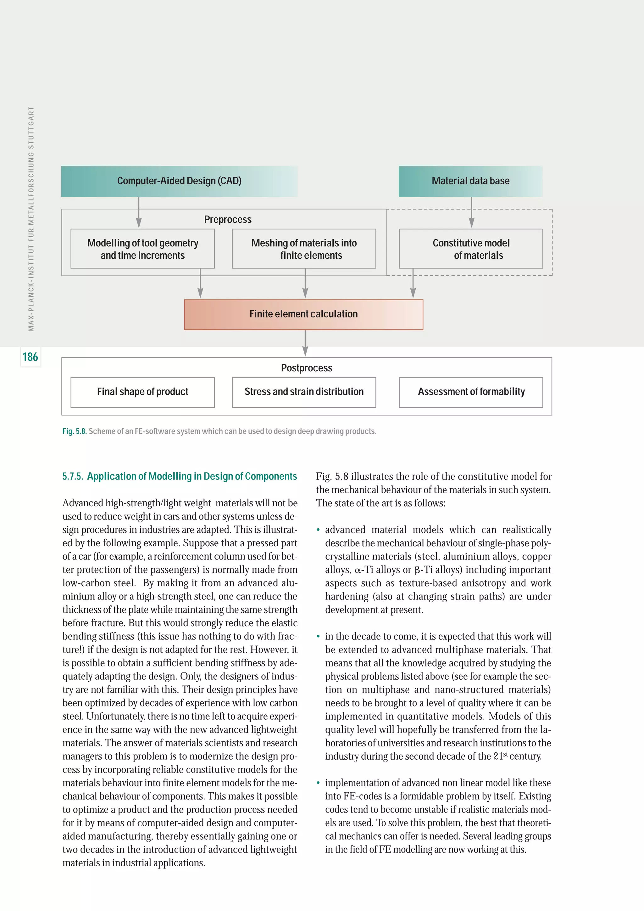 186
MAX-PLANCK-INSTITUTFÜRMETALLFORSCHUNGSTUTTGART
5.7.5. Application of Modelling in Design of Components
Advanced high-strength/light weight materials will not be
used to reduce weight in cars and other systems unless de-
sign procedures in industries are adapted. This is illustrat-
ed by the following example. Suppose that a pressed part
of a car (for example, a reinforcement column used for bet-
ter protection of the passengers) is normally made from
low-carbon steel. By making it from an advanced alu-
minium alloy or a high-strength steel, one can reduce the
thickness of the plate while maintaining the same strength
before fracture. But this would strongly reduce the elastic
bending stiffness (this issue has nothing to do with frac-
ture!) if the design is not adapted for the rest. However, it
is possible to obtain a sufficient bending stiffness by ade-
quately adapting the design. Only, the designers of indus-
try are not familiar with this. Their design principles have
been optimized by decades of experience with low carbon
steel. Unfortunately, there is no time left to acquire experi-
ence in the same way with the new advanced lightweight
materials. The answer of materials scientists and research
managers to this problem is to modernize the design pro-
cess by incorporating reliable constitutive models for the
materials behaviour into finite element models for the me-
chanical behaviour of components. This makes it possible
to optimize a product and the production process needed
for it by means of computer-aided design and computer-
aided manufacturing, thereby essentially gaining one or
two decades in the introduction of advanced lightweight
materials in industrial applications.
Fig. 5.8 illustrates the role of the constitutive model for
the mechanical behaviour of the materials in such system.
The state of the art is as follows:
• advanced material models which can realistically
describe the mechanical behaviour of single-phase poly-
crystalline materials (steel, aluminium alloys, copper
alloys, ␣-Ti alloys or ␤-Ti alloys) including important
aspects such as texture-based anisotropy and work
hardening (also at changing strain paths) are under
development at present.
• in the decade to come, it is expected that this work will
be extended to advanced multiphase materials. That
means that all the knowledge acquired by studying the
physical problems listed above (see for example the sec-
tion on multiphase and nano-structured materials)
needs to be brought to a level of quality where it can be
implemented in quantitative models. Models of this
quality level will hopefully be transferred from the la-
boratories of universities and research institutions to the
industry during the second decade of the 21st century.
• implementation of advanced non linear model like these
into FE-codes is a formidable problem by itself. Existing
codes tend to become unstable if realistic materials mod-
els are used. To solve this problem, the best that theoreti-
cal mechanics can offer is needed. Several leading groups
in the field of FE modelling are now working at this.
Fig. 5.8. Scheme of an FE-software system which can be used to design deep drawing products.
Preprocess
Postprocess
Modelling of tool geometry
and time increments
Meshing of materials into
finite elements
Constitutive model
of materials
Final shape of product Stress and strain distribution Assessment of formability
Material data baseComputer-Aided Design (CAD)
Finite element calculation
 