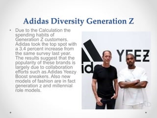 Adidas Diversity Generation Z
• Due to the Calculation the
spending habits of
Generation Z customers.
Adidas took the top spot with
a 3.4 percent increase from
the same survey last year.
The results suggest that the
popularity of these brands is
largely due to collaboration
efforts such as Adidas Yeezy
Boost sneakers. Also new
models of fashion are in fact
generation z and millennial
role models.
 