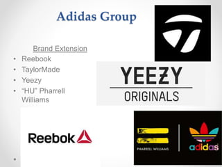 Adidas Group
Brand Extension
• Reebook
• TaylorMade
• Yeezy
• “HU” Pharrell
Williams
 