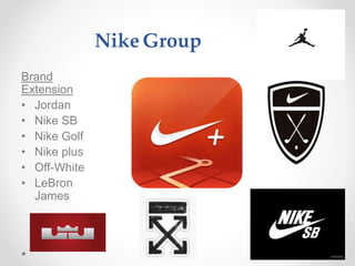 Nike Group
Brand
Extension
• Jordan
• Nike SB
• Nike Golf
• Nike plus
• Off-White
• LeBron
James
 