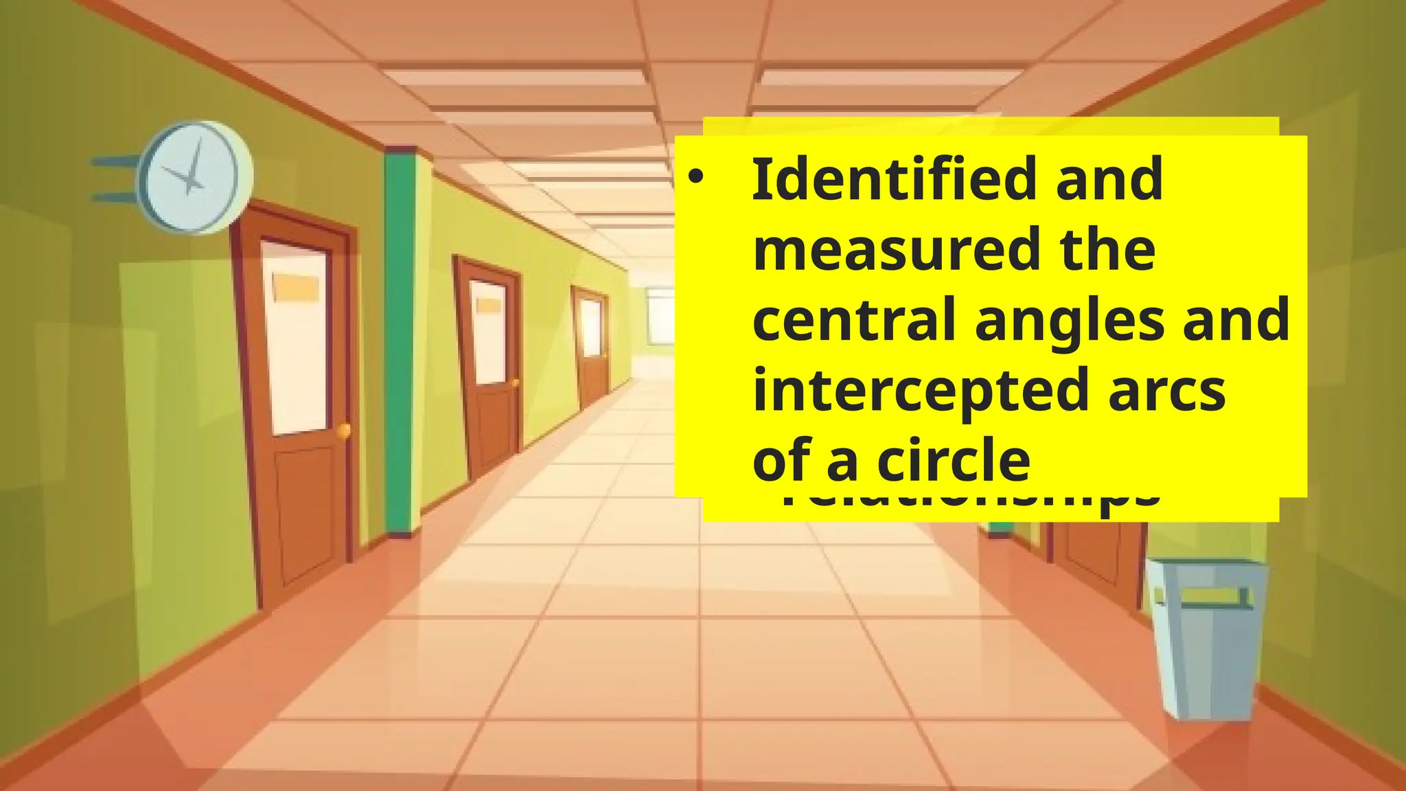 : • Defined Circle
• Described terms
related to circle
• Derived their
relationships
• Identified and
measured the
central angles and
intercepted arcs
of a circle
 