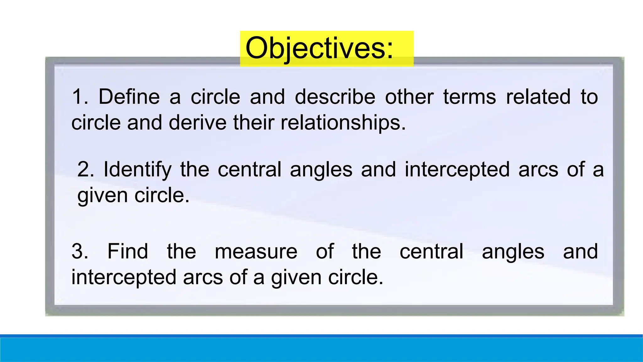 1. Define a circle and describe other terms related to
circle and derive their relationships.
Objectives:
2. Identify the central angles and intercepted arcs of a
given circle.
3. Find the measure of the central angles and
intercepted arcs of a given circle.
 