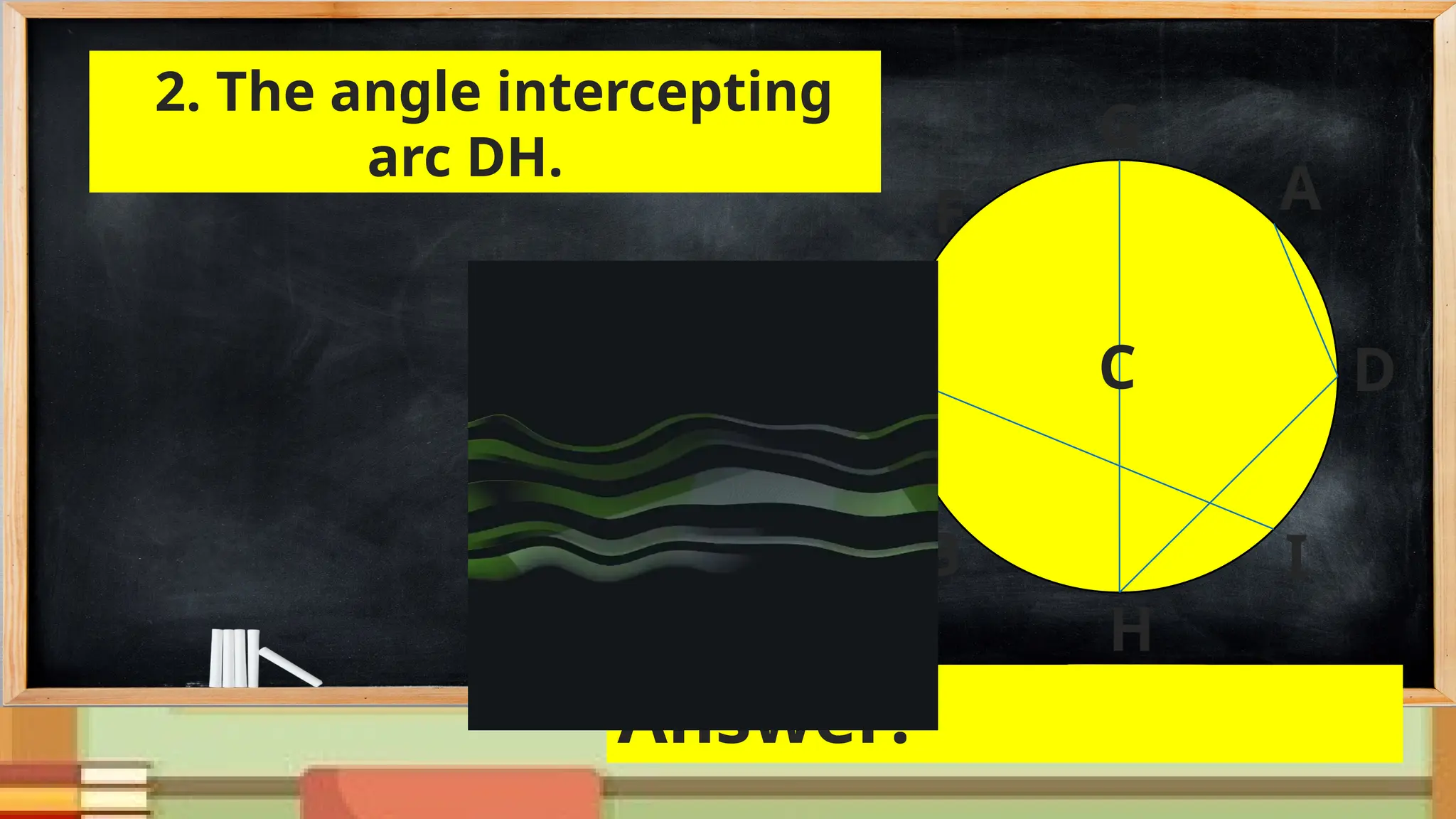 D
2. The angle intercepting
arc DH.
A
E
G
F
B
H
I
C
Answer:
 