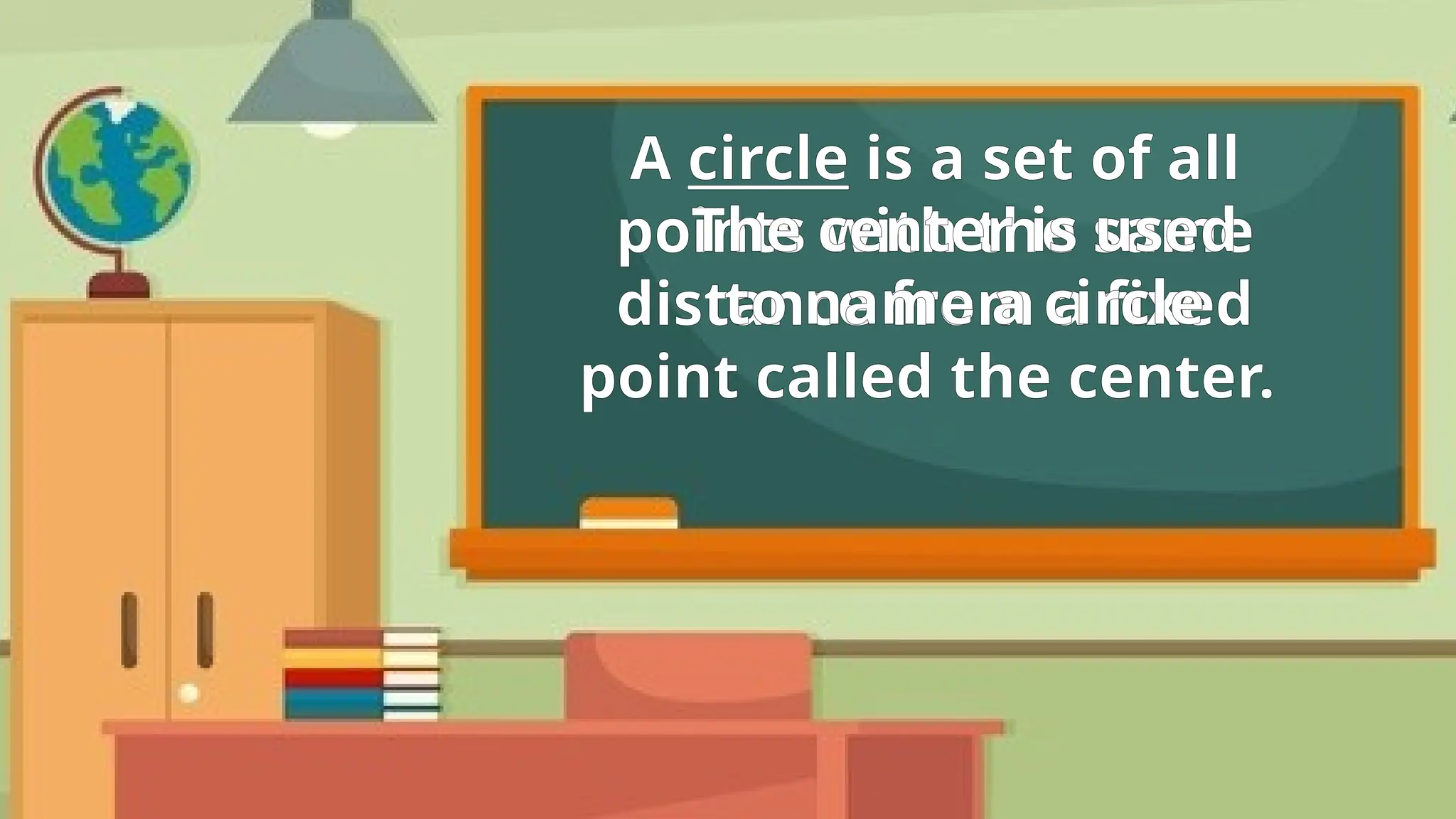 A circle is a set of all
points with the same
distance from a fixed
point called the center.
The center is used
to name a circle
 