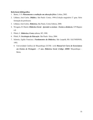 15
Referência bibliográfica
1. Bento, J. O. Planeamento e avaliação em educação física. Lisboa, 2003.
2. Libâneo, José Carlos. Didática. São Paulo: Cortez, 1994 (Coleção magistério 2° grau. Série
formação do professor).
3. Libâneo, José Carlos. Didáctica, São Paulo, Cortez Editora, 2008.
4. Nivagara, D. Daniel, Didáctica Geral. Aprender a ensinar. Ensino a distância, UP-Maputo
s/d.
5. Piletti, C. Didáctica; Cortez editora; SP, 1990.
6. Piletti, N. Sociologia da Educação. São Paulo: Ática, 2004.
7. Schmitz, Egídio Francisco. Fundamentos da Didáctica, São Leopold, RS: Ed.UNISINOS,
1993.
8. Universidade Católica de Moçambique (UCM) (s/d) Manual de Curso de licenciatura
em Ensino de Português – 1ᵒ ano. Didáctica Geral .Código A0008. Moçambique –
Beira;
 