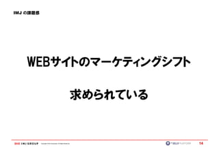 IMJ の課題感




    WEBサイトのマーケティングシフト
    WEBサイトのマーケティングシフト

                                                           求められている


           Copyright © IMJ Corporation. All Rights Reserved.         14
 