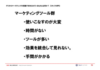 デジタルマーケティングの現場で求められているものとは何か？ スタッフの声３




     マーケティングツール群

                         ・使いこなすのが大変

                         ・時間がない

                         ・ツールが多い

                         ・効果を統合して見れない。

                         ・手間がかかる
        Copyright © IMJ Corporation. All Rights Reserved.   19
 