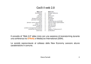Cos’è il web 2.0




Il concetto di "Web 2.0" ebbe inizio con una sessione di brainstorming durante
una conferenza tra O'Reilly e MediaLive International (2004).

Le società sopravvissute al collasso della New Economy avevano alcune
caratteristiche in comune.




                                 Elena Farinelli                             2
 
