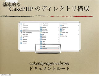 基本的な
         CakePHP のディレクトリ構成




              cakephp/app/webroot
              ドキュメントルート
12年4月21日土曜日
 