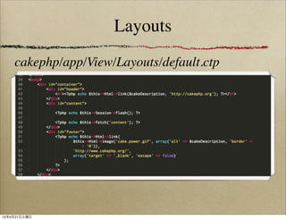 Layouts
    cakephp/app/View/Layouts/default.ctp




12年4月21日土曜日
 