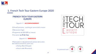 23
1. French Tech Tour Eastern Europe 2020
FRENCH TECH TOUR EASTERN
EUROPE
Objectif n°1 : ACCOMPAGNEMENT
üVirtual bootcamp : coaching en amont de la mission
üMentorat en ligne
üProgramme de RDV B2B sur mesure
üInscription au fil de l’eau
Objectif n°2 : IMMERSION
üParticipation à des événements phares de la scène
tech dans la zone ECO, parmi eux:
ÞStartup Wars (Pologne)
ÞHow to web (Roumanie)
En partenariat avec:
 