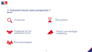 24
2. Comment réussir votre prospection ?
S’informer
S’appuyer sur un
partenaire local
Être accompagné
Être patient
Prévoir une stratégie
marketing
 