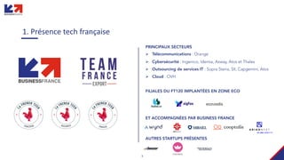3
1. Présence tech française
PRINCIPAUX SECTEURS
Ø Télécommunications : Orange
Ø Cybersécurité : Ingenico, Idemia, Axway, Atos et Thales
Ø Outsourcing de services IT : Sopra Steria, SII, Capgemini, Atos
Ø Cloud : OVH
FILIALES DU FT120 IMPLANTÉES EN ZONE ECO
ET ACCOMPAGNÉES PAR BUSINESS FRANCE
AUTRES STARTUPS PRÉSENTES
 
