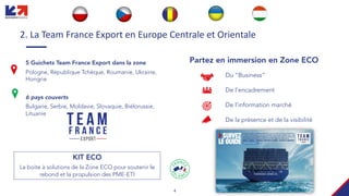 4
2. La Team France Export en Europe Centrale et Orientale
Partez en immersion en Zone ECO
Du “Business”
De l’encadrement
De l’information marché
De la présence et de la visibilité
5 Guichets Team France Export dans la zone
Pologne, République Tchèque, Roumanie, Ukraine,
Hongrie
6 pays couverts
Bulgarie, Serbie, Moldavie, Slovaquie, Biélorussie,
Lituanie
KIT ECO
La boite à solutions de la Zone ECO pour soutenir le
rebond et la propulsion des PME-ETI
 
