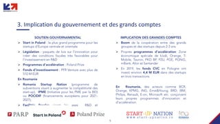 5
3. Implication du gouvernement et des grands comptes
SOUTIEN GOUVERNAMENTAL
Ø Start in Poland : le plus grand programme pour les
startups d'Europe centrale et orientale
Ø Législation : paquets de lois sur l'innovation pour
créer des conditions fiscales très favorables pour
l’investissement en R&D
Ø Programmes d’accélération : Poland Prize
Ø Fonds d’investissement : PFR Venture avec plus de
510 M EUR
En Roumanie
Ø Romania Startup Nation (programme de
subventions visant à augmenter la compétitivité des
start-up), IPME (Initiative pour les PME par la BEI)
ou POCIDIF (financements européens pour 2021-
2027);
Ø Facilités fiscales visant les axes R&D et
programmation.
IMPLICATION DES GRANDES COMPTES
Ø Boom de la coopération entre des grands
groupes et des startups depuis 2-3 ans
Ø Propres programmes d'accélération: Zone
économique spéciale de Łódź, Orange, T-
Mobile, Tauron, PKO BP, PZU, PGE, PGNiG,
mBank, Alior et Santander
Ø En 2019, les fonds CVC en Pologne ont
investi environ 4,4 M EUR dans des startups
en trois transactions
En Roumanie, des acteurs comme BCR,
Orange, KPMG, ING, Ernst&Young, BRD, IBM,
Philips, Renault, E-on, Microsoft etc. conçoivent
leurs propres programmes d'innovation et
d'accélération.
 