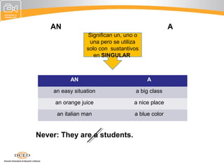 AN                                             A
                  Significan un, uno o
                   una pero se utiliza
                 solo con sustantivos
                    en SINGULAR



          AN                             A

    an easy situation               a big class

     an orange juice                a nice place

     an italian man                 a blue color


Never: They are a students.
 