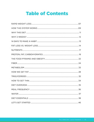 The 2 Week Diet - Launch Handbook | 03
RAPID WEIGHT LOSS�������������������������������������������������������������������������������������������������������07
HOW THIS SYSTEM WORKS������������������������������������������������������������������������������������������09
WHY THIS DIET��������������������������������������������������������������������������������������������������������������������� 11
WHY 2 WEEKS?������������������������������������������������������������������������������������������������������������������� 12
14 DAYS TO MAKE A HABIT�������������������������������������������������������������������������������������������� 13
FAT LOSS VS. WEIGHT LOSS������������������������������������������������������������������������������������������14
NUTRIENTS���������������������������������������������������������������������������������������������������������������������������� 17
PROTEIN, FAT, CARBOHYDRATES������������������������������������������������������������������������������� 18
THE FOOD PYRAMID AND OBESITY�������������������������������������������������������������������������� 22
FIBER��������������������������������������������������������������������������������������������������������������������������������������� 24
METABOLISM����������������������������������������������������������������������������������������������������������������������� 25
HOW WE GET FAT������������������������������������������������������������������������������������������������������������� 28
TRIGLYCERIDES������������������������������������������������������������������������������������������������������������������ 32
HOW TO GET THIN������������������������������������������������������������������������������������������������������������34
DIET OVERVIEW����������������������������������������������������������������������������������������������������������������� 35
MEAL FREQUENCY����������������������������������������������������������������������������������������������������������� 36
WATER������������������������������������������������������������������������������������������������������������������������������������ 37
DIET ESSENTIALS ������������������������������������������������������������������������������������������������������������� 38
LET’S GET STARTED���������������������������������������������������������������������������������������������������������46
Table of Contents
 