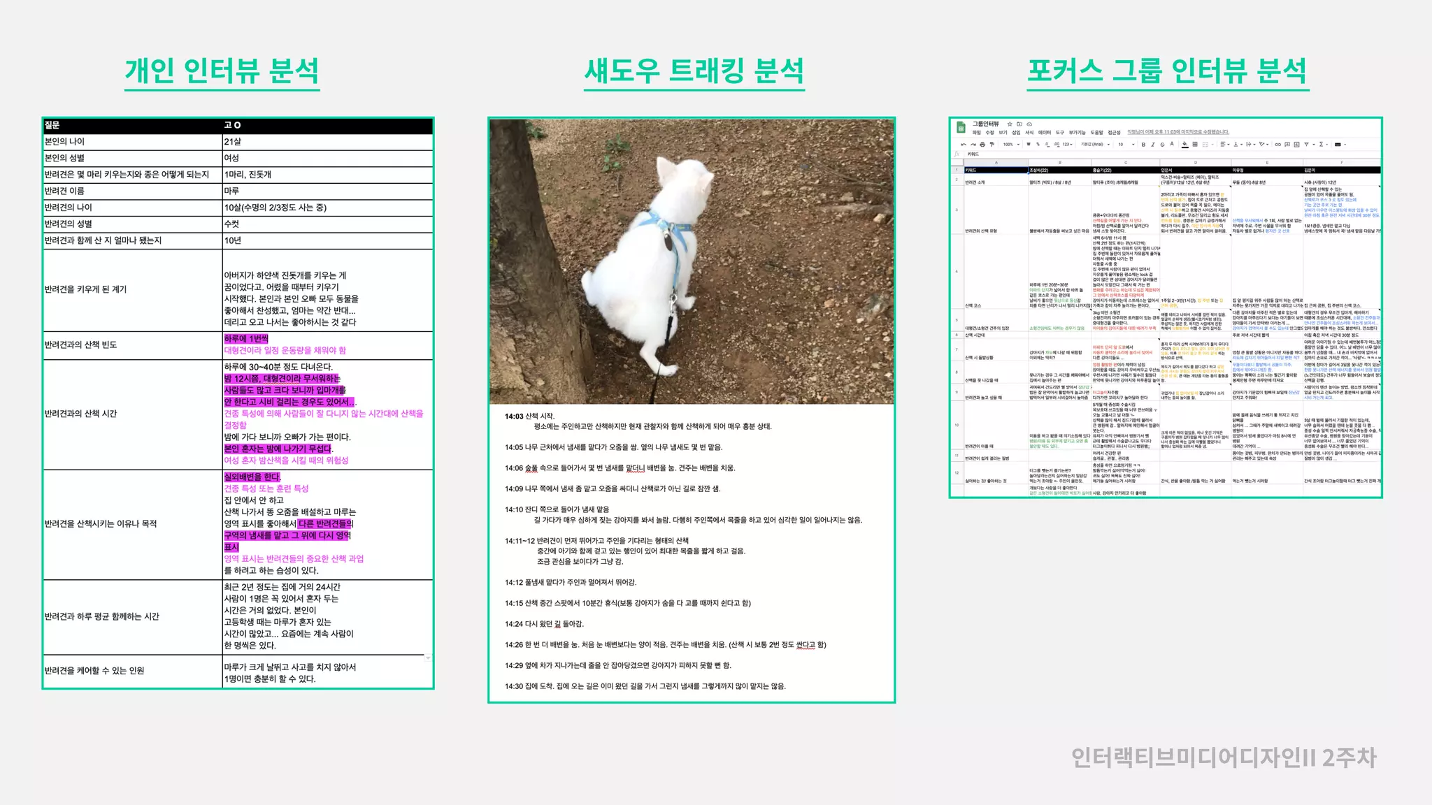 개인�인터뷰�분석 섀도우�트래킹�분석 포커스�그룹�인터뷰�분석
인터랙티브미디어디자인II 2주차
 