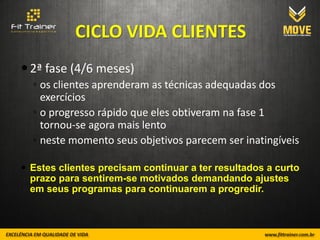 CICLO VIDA CLIENTES
 2ª fase (4/6 meses)
  ◦ os clientes aprenderam as técnicas adequadas dos
    exercícios
  ◦ o progresso rápido que eles obtiveram na fase 1
    tornou-se agora mais lento
  ◦ neste momento seus objetivos parecem ser inatingíveis

 Estes clientes precisam continuar a ter resultados a curto
  prazo para sentirem-se motivados demandando ajustes
  em seus programas para continuarem a progredir.
 