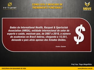 $
  Dados da International Health, Racquet & Sportsclub
 Association (IHRSA), entidade internacional do setor de
esporte e saúde, mostram que, de 2007 a 2010, o número
  de academias no Brasil dobrou, chegando a 15.551,
   deixando o país atrás apenas dos Estados Unidos.

                                          Fonte: Exame




                                                           Prof. Esp. Tiago Magalhães
 