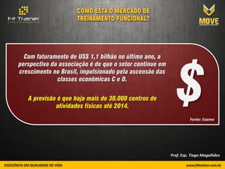 $
  Com faturamento de US$ 1,1 bilhão no último ano, a
perspectiva da associação é de que o setor continue em
crescimento no Brasil, impulsionado pela ascensão das
              classes econômicas C e D.


   A previsão é que haja mais de 30.000 centros de
             atividades físicas até 2014.

                                                                   Fonte: Exame




                                                         Prof. Esp. Tiago Magalhães
 