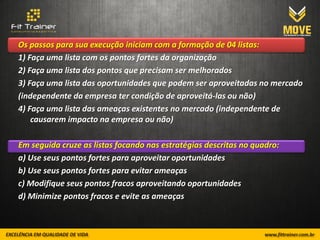 Os passos para sua execução iniciam com a formação de 04 listas:
1) Faça uma lista com os pontos fortes da organização
2) Faça uma lista dos pontos que precisam ser melhorados
3) Faça uma lista das oportunidades que podem ser aproveitadas no mercado
(independente da empresa ter condição de aproveitá-las ou não)
4) Faça uma lista das ameaças existentes no mercado (independente de
    causarem impacto na empresa ou não)

Em seguida cruze as listas focando nas estratégias descritas no quadro:
a) Use seus pontos fortes para aproveitar oportunidades
b) Use seus pontos fortes para evitar ameaças
c) Modifique seus pontos fracos aproveitando oportunidades
d) Minimize pontos fracos e evite as ameaças
 