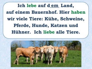 Ich lebe auf d____ Land,
auf einem Bauernhof. Hier haben
wir viele Tiere: Kühe, Schweine,
Pferde, Hunde, Katzen und
Hühner. Ich liebe alle Tiere.
em
 