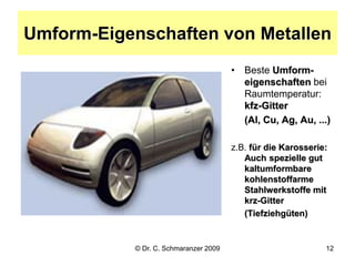 © Dr. C. Schmaranzer 2009 12
Umform-Eigenschaften von Metallen
• Beste Umform-
eigenschaften bei
Raumtemperatur:
kfz-Gitte...