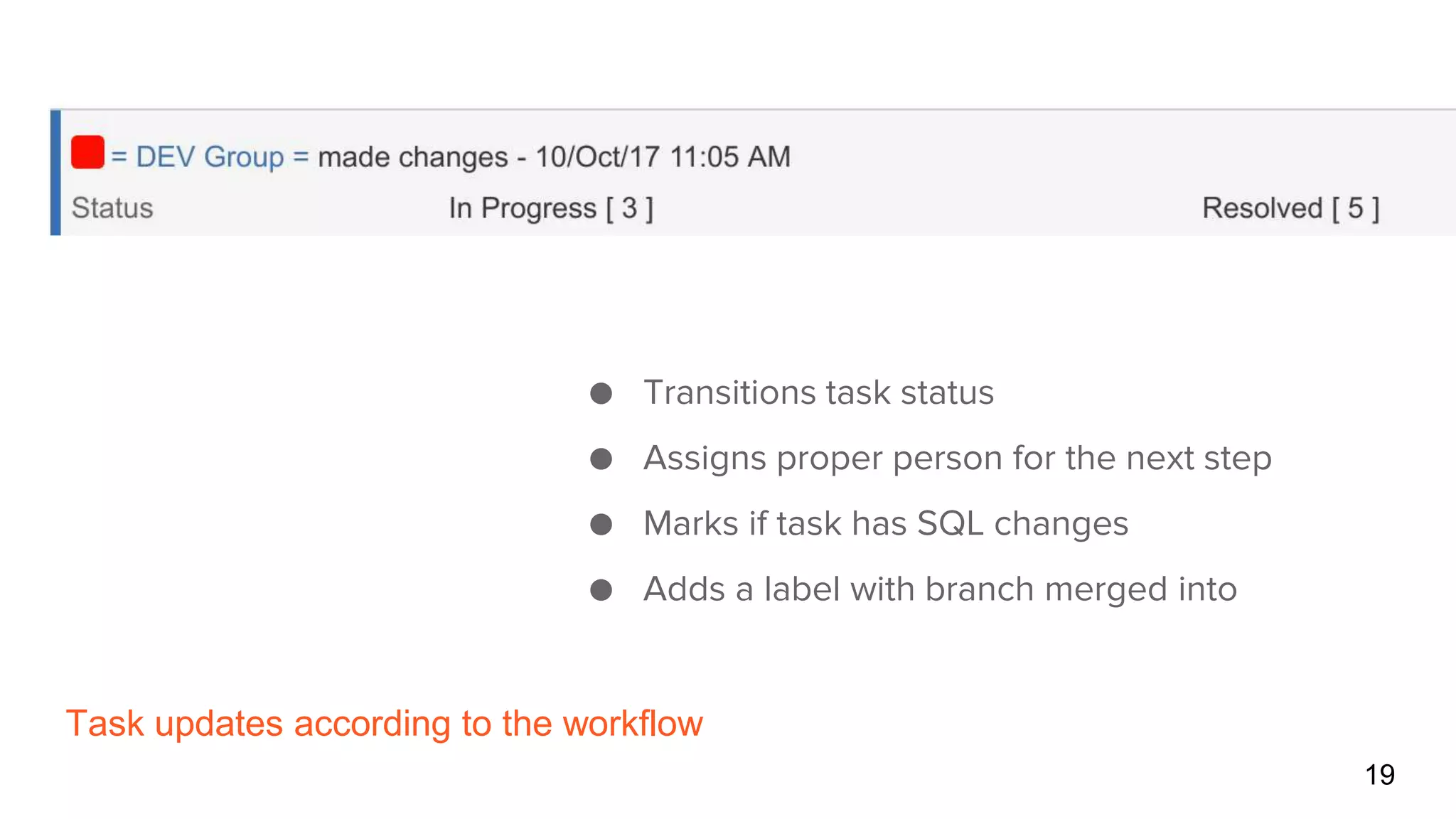 Task updates according to the workflow
19
● Transitions task status
● Assigns proper person for the next step
● Marks if task has SQL changes
● Adds a label with branch merged into
 