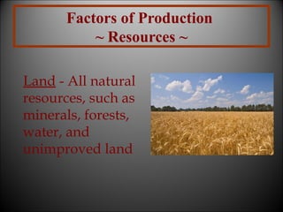 Factors of Production
~ Resources ~
Land - All natural
resources, such as
minerals, forests,
water, and
unimproved land

 